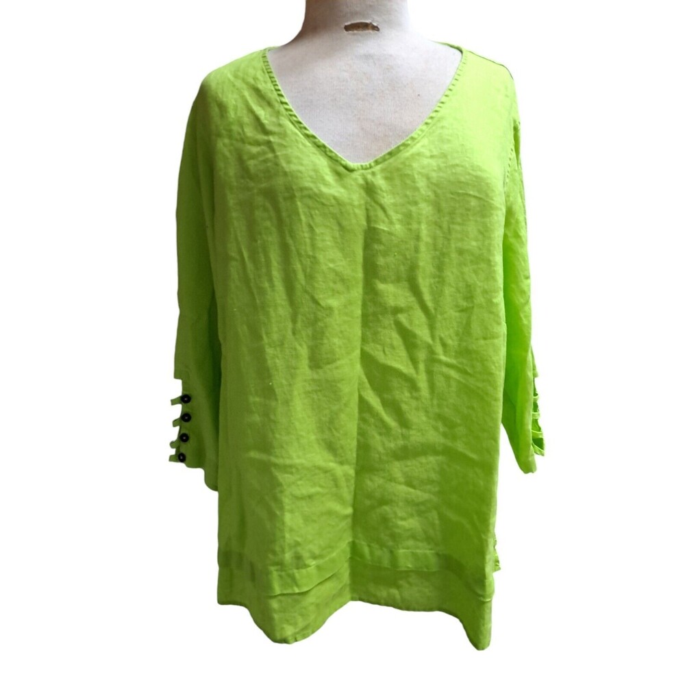 Ali Miles Tunic Top Lemon Green Linen Tiered Hem Button Sleeves Artsy Retro
